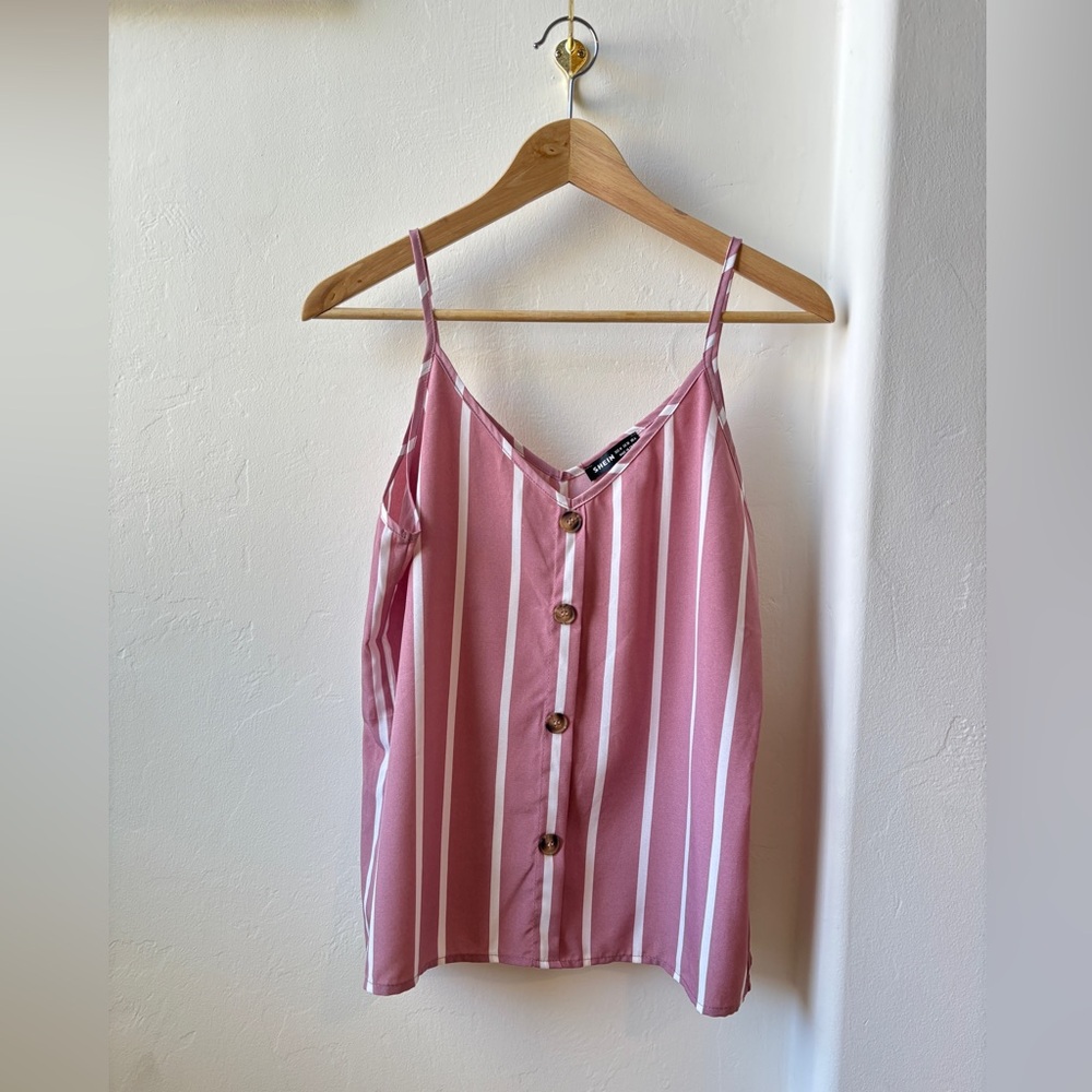SHEIN Rose and White Button-Front Spaghetti Strap Striped Tank Size M